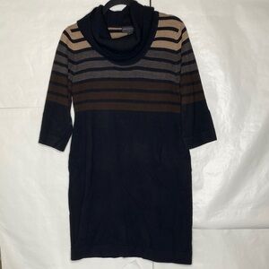 connected apparel Black, Brown & Gray Striped Cowl Neck Sweater Dress